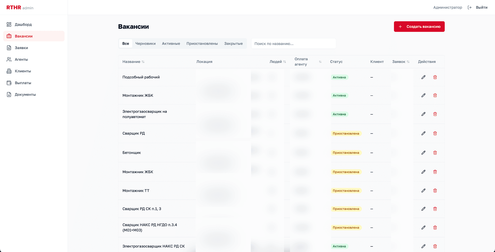 Список вакансий